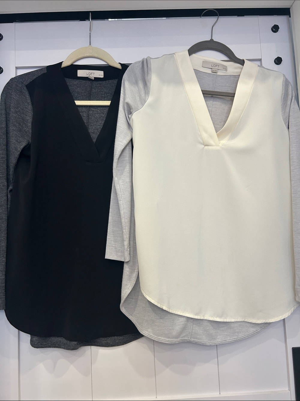 LOFT Two-Tone V-Neck Layered Tunic — Black/Ivory with Gray Sleeves